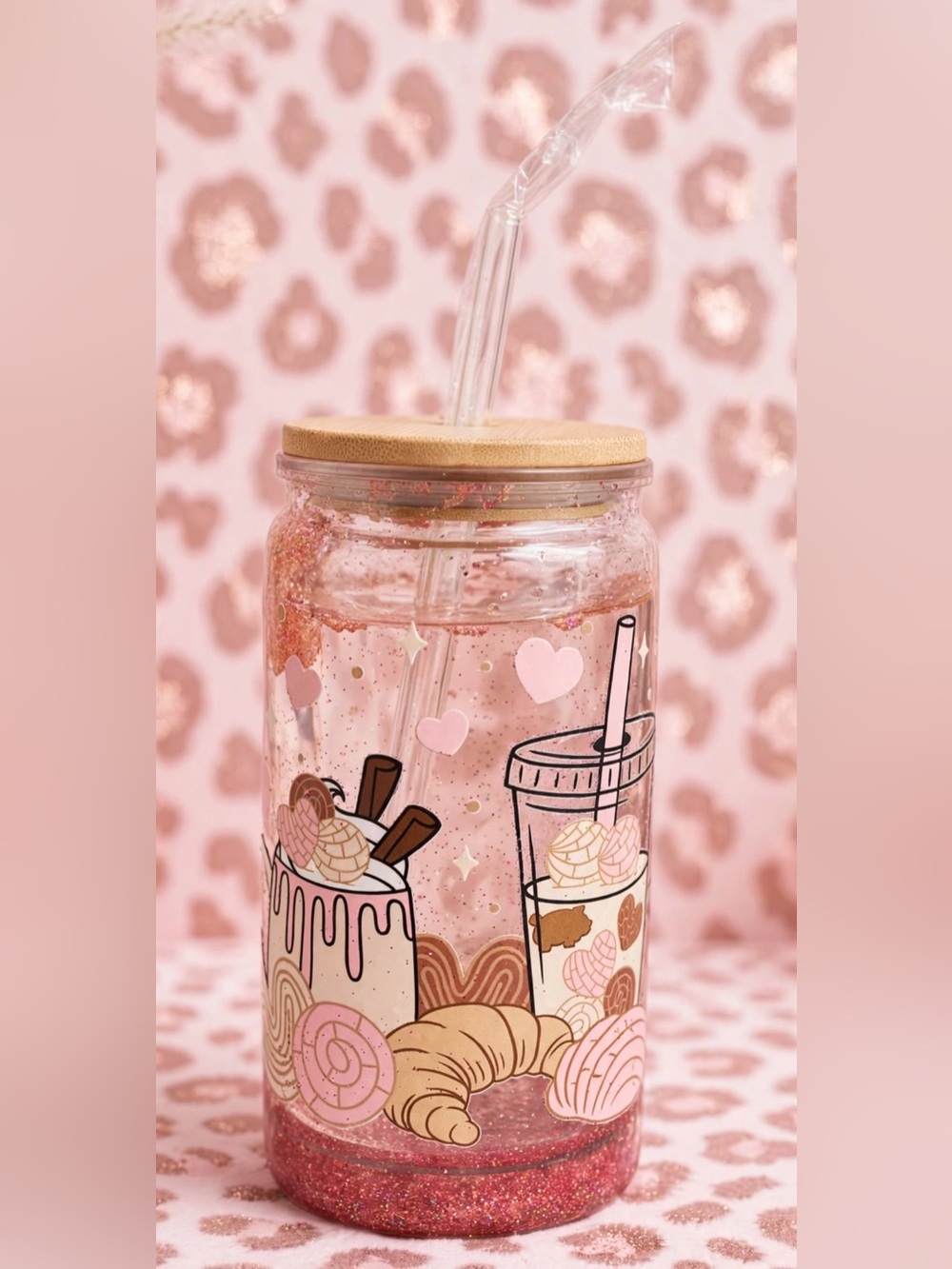 Pink Glitter Heart Drink Tumbler with Bamboo Lid - Home Party Supplies